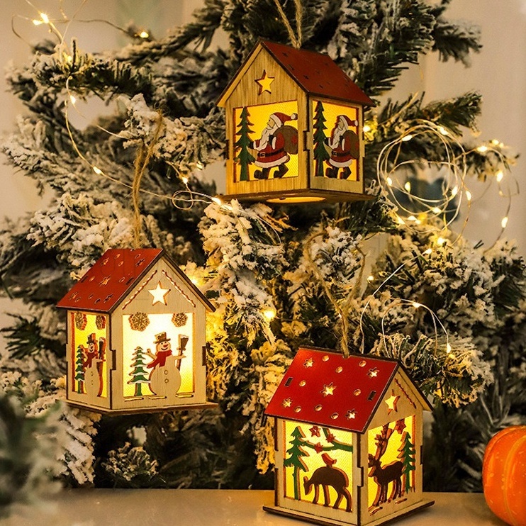 [精選]聖誕派對裝飾品/發光小木屋/LED小夜燈/創意聖誕屋挂件/聖誕樹風燈籠裝飾/