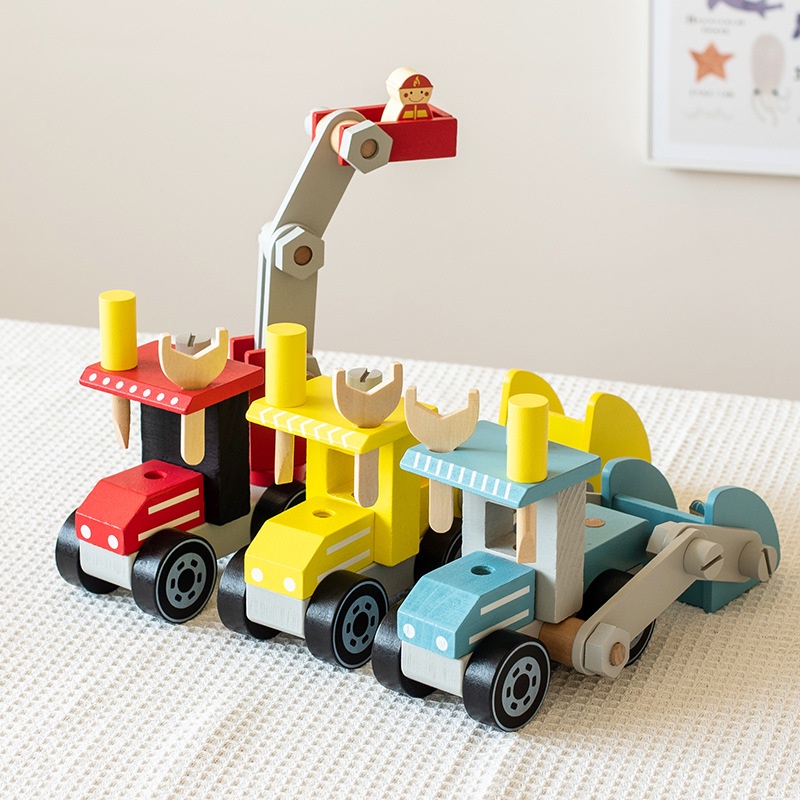 寶寶木製仿真螺母拆裝工具車 工程車 百變模型擰螺絲積木 拼裝玩具
