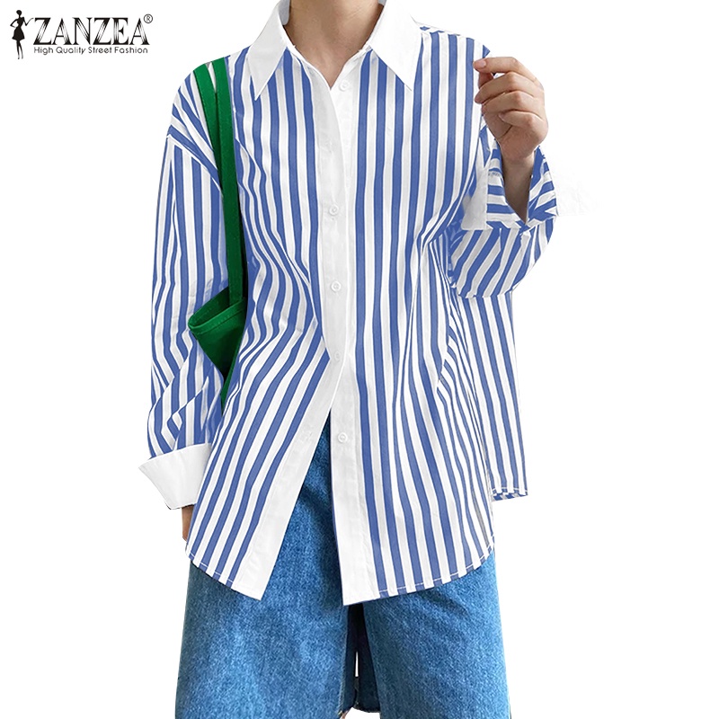 Zanzea 女式韓版時尚 Polo 長袖條紋搭扣百搭襯衫