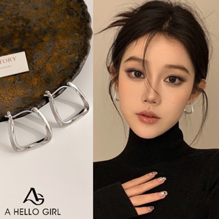 Ahellogirl 韓國時尚風格鏤空方形鍍銀女式耳環