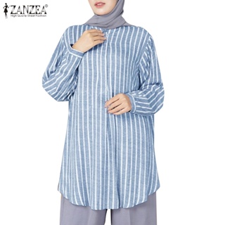 Zanzea 女士穆斯林時尚長袖圓領條紋簡約襯衫
