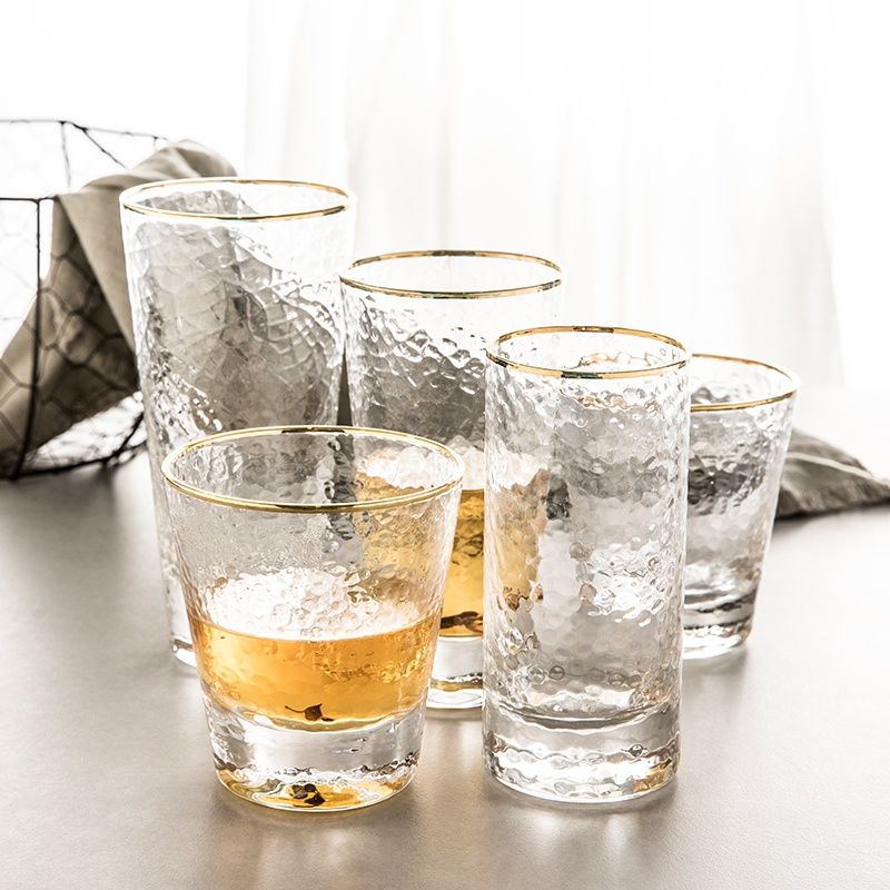 Ins日式玻璃創意透明耐熱水杯家用果汁飲料啤酒杯錘紋金邊杯