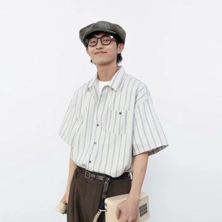 韓版男士流行款式時尚休閒短袖襯衫條紋大碼垂褶襯衫