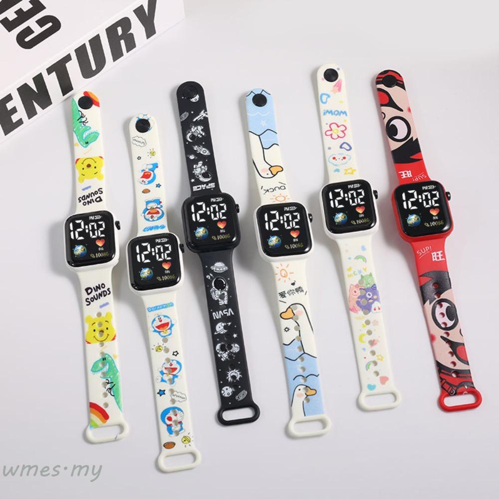 Wmes1 卡通印花手錶,皮卡丘電子 LED 手錶,運動腕帶手鍊數字手錶錶帶按鈕兒童方形手錶學生