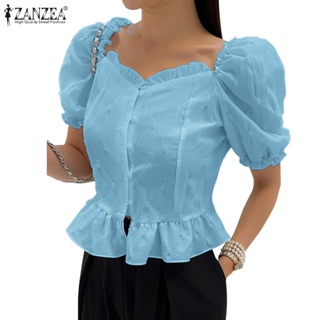 Zanzea 女式韓版時尚方領泡泡袖鈕扣荷葉邊腰襯衫