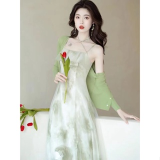 仙氣超仙森系純欲風套裝女仙女綠色小外套吊帶洋裝兩件套