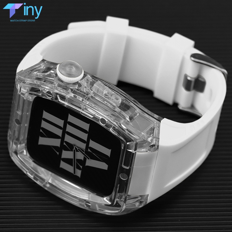 豪華橡膠錶帶蓋改裝套件透明錶殼兼容 Apple Watch 44 毫米 45 毫米 Iwatch 8 7 6 SE 5