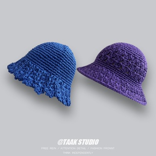 手工編織寶藍色漁夫帽子女休閒百搭紫色針織盆帽
