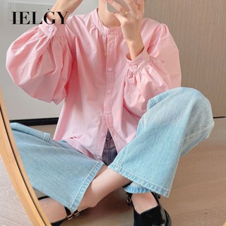 Ielgy粉色長袖襯衫女夏季新款寬鬆襯衫法式複古甜美圓領上衣