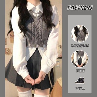 三件套裝春秋新款日系學院風短款馬甲針織背心女襯衫上衣百褶短裙