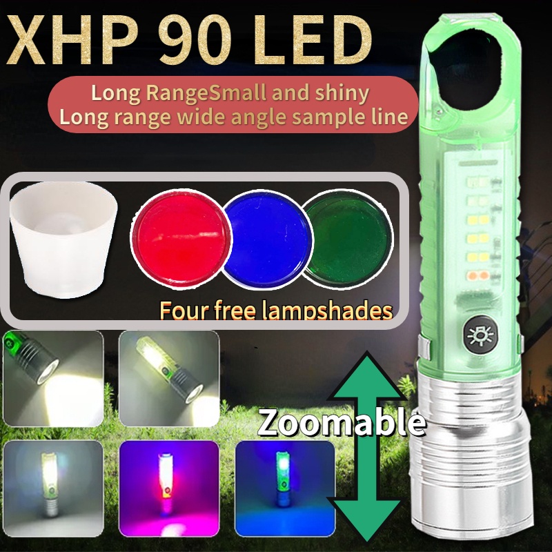 手電筒 LED燈芯 XHP90燈2000M長透鏡suluh透明LED手電筒8模熒光綠燈