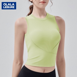 OLALA 夏無袖帶胸墊跑步健身彈力緊身瑜伽服羅紋運動背心女外穿瑜伽內衣