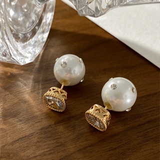 XIYA 法式復古鋯石珍珠耳環 簡約百搭氣質珍珠球球耳環