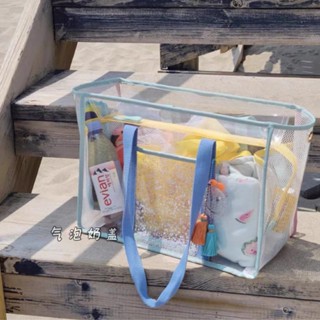 INS風透明沙灘包大容量PVC透明包-推車可用奶油色大容量PVC透明沙灘包ins風旅行斜揹包雜物包游泳防水洗漱包