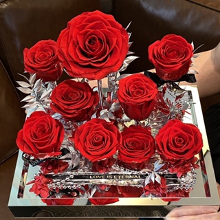 七夕情人節永生花 鏡面9朵玫瑰花園 送女友玫瑰 真花高級亞克力禮物