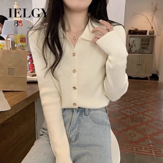 IELGY 早秋新款女式長袖針織開衫polo領毛衣鈕扣簡約設計別緻打底上衣
