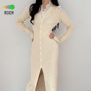 ROEV[氣質女神]韓國chic秋季法式溫柔V領拼接蕾絲花邊緊身顯瘦長袖針織洋裝洋裝女
