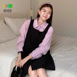 ROEV[氣質女神]韓國chic秋季減齡氣質翻領百搭長袖襯衫+單排扣揹帶洋裝洋裝套裝女