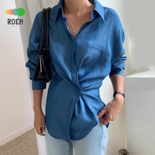 ROEV[氣質女神]韓國chic秋季復古氣質翻領不規則係扣設計百搭顯瘦長袖牛仔藍襯衫