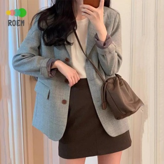 ROEV[氣質女神]韓國chic秋季小眾高級感西裝領單排扣雙口袋寬鬆百搭長袖西裝外套