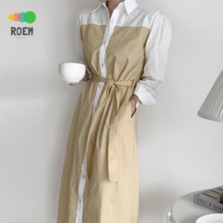 ROEV[氣質女神]韓國chic秋季小眾氣質翻領撞色拼接設計抽繩收腰長袖襯衫式洋裝洋裝