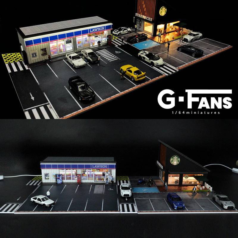 G-Fans 汽車模型場景 車庫1:64 星巴克 LAWSOON 帶LED燈光 建築擺件 收藏品