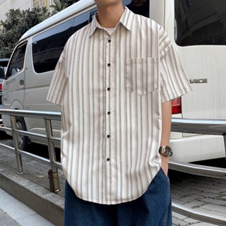 時尚男士韓式流行風格條紋襯衫大碼大口袋中性垂墜襯衫
