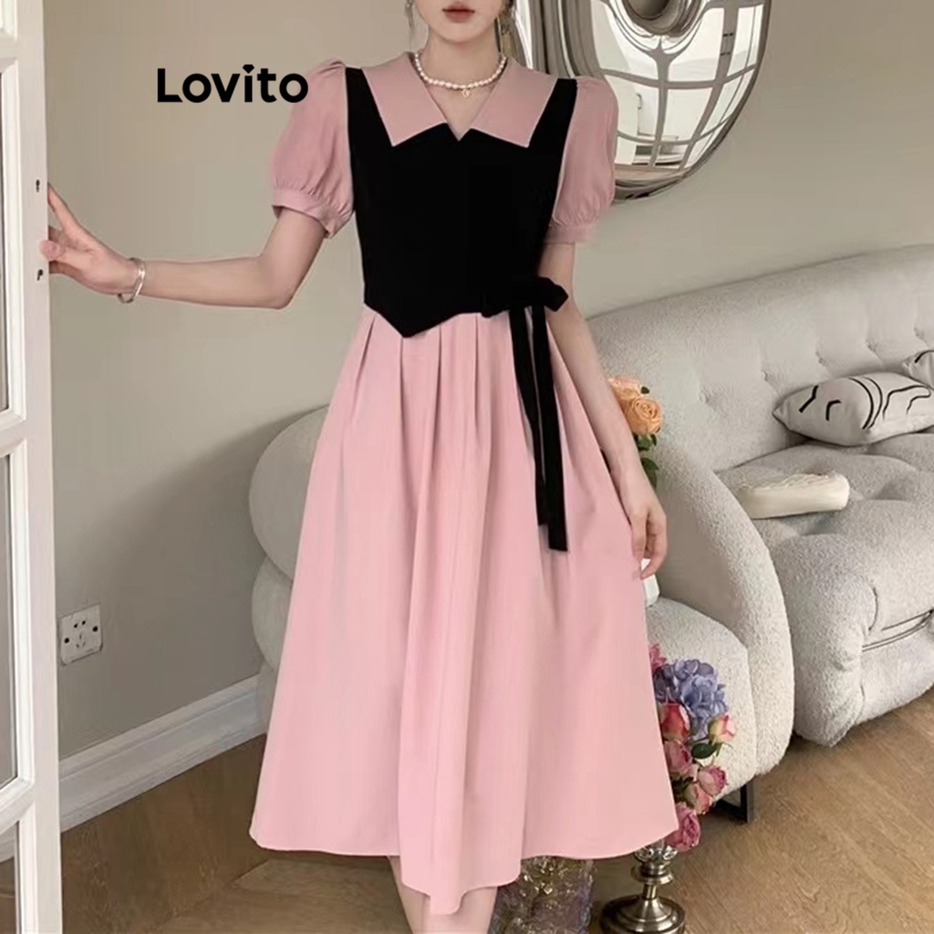 Lovito 女士休閒素色垂墜繫帶正面 2 合 1 洋裝 LNA16045 (粉色)