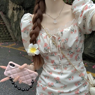 Lovito 波西米亞女式花卉褶飾蕾絲泡泡袖洋裝 LNE13089 (多色)