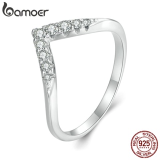 Bamoer 925 純銀戒指 V 形莫桑石奢華時尚首飾禮物女士