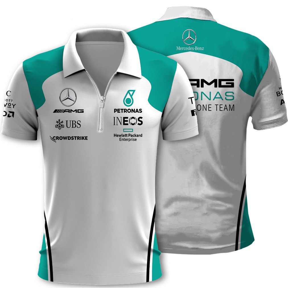 熱!梅賽德斯F1 AMG賓士賽車服休閒戶外運動短袖拉鍊POLO衫騎行服飾