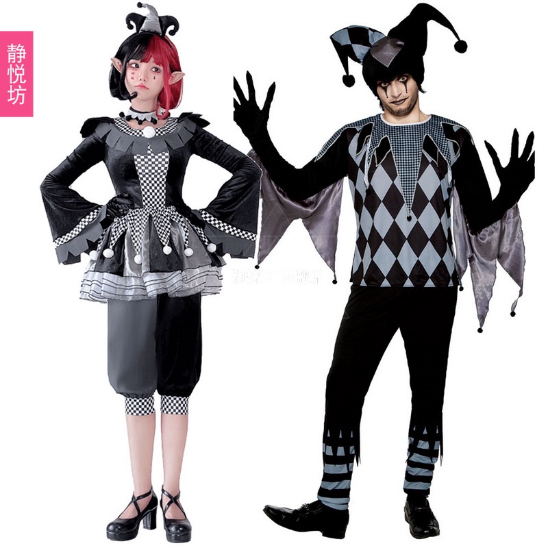 2023萬聖節新款 萬聖節成人女情侶服裝小丑套裝cosplay黑白色斷魂小丑演出服裝