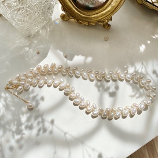 真金電鍍樹葉珍珠項鍊 法式復古高級感氣質鎖骨鏈時尚OL項飾
