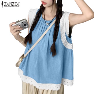 Zanzea 女士韓版日常圓領褶飾領口蕾絲袖口背心