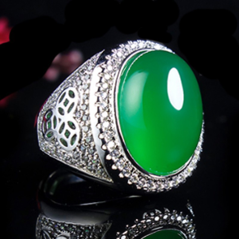 冰綠玉髓男戒指鍍925 銀鑲綠寶石祖母綠色玉指環瑪瑙活口男女戒指