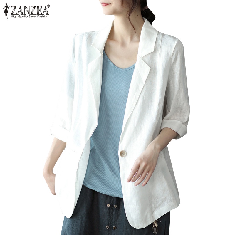 Zanzea 女式韓版裝飾口袋翻蓋一粒扣 3/4 袖翻領西裝外套