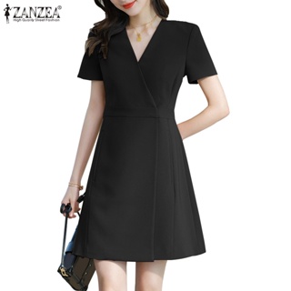 Zanzea 女式韓版純色 V 領短袖交叉連身裙