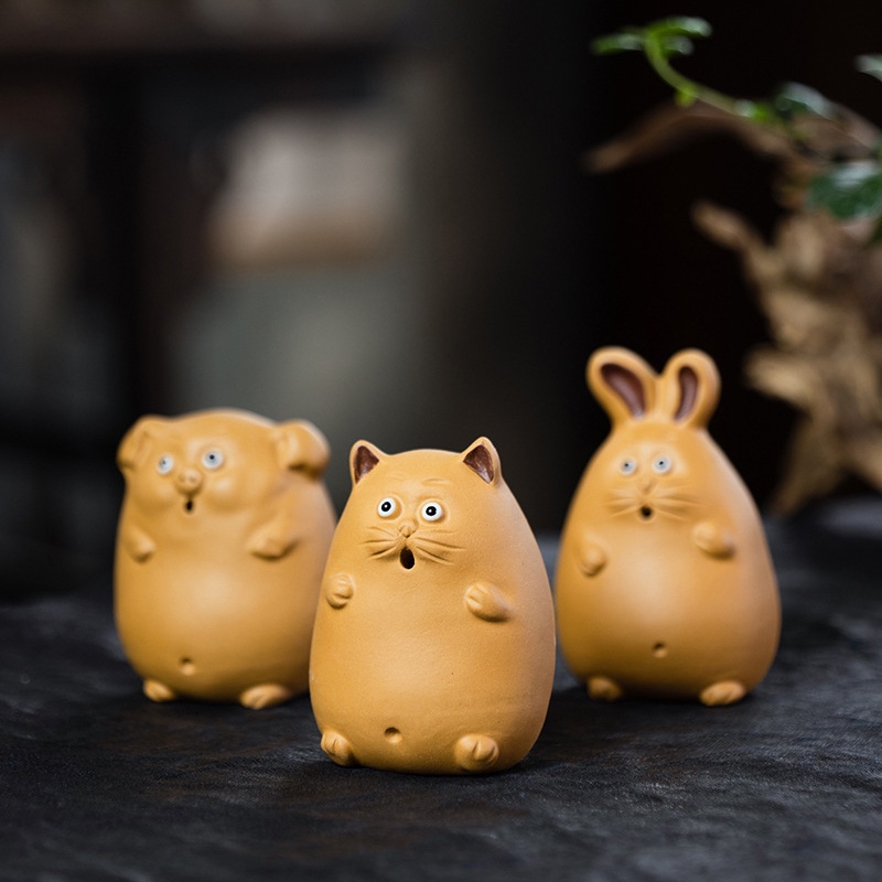 宜興紫砂茶寵十二生肖擺件兔子貓豬小雕塑茶具創意茶玩禮品