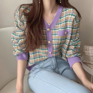 韓版長袖針織衫 復古格紋毛衣外套 洋氣寬鬆上衣