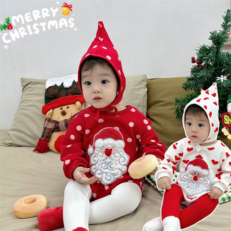 [現貨] 聖誕嬰兒 聖誕哈衣 嬰兒可愛聖誕衣服 加絨連體衣 新年雪人紅色包屁爬服