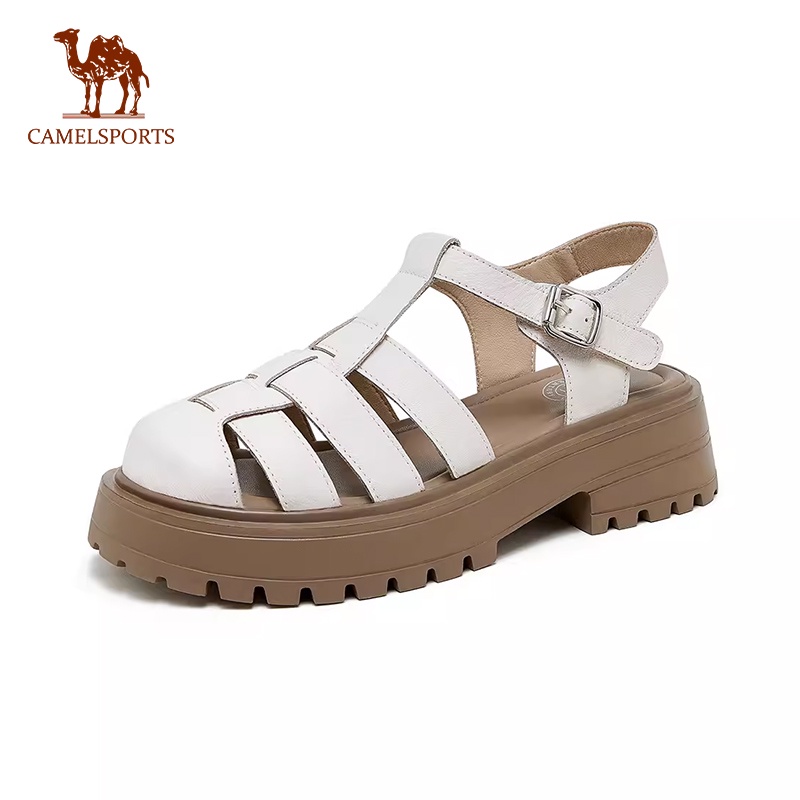 CAMEL SPORTS駱駝 女士鏤空鞋頭涼鞋 真皮豬籠鞋厚底羅馬鞋