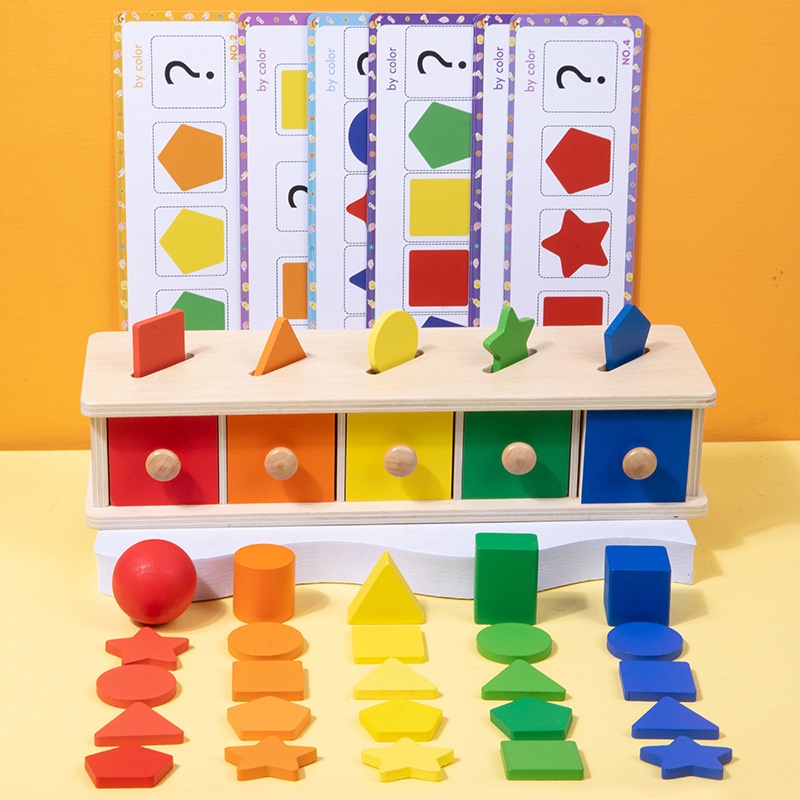 Familygongsi 蒙特梭利 兒童早教玩具顏色形狀 四合一蒙氏分類盒教具 2-3歲寶寶硬幣抽屜盒