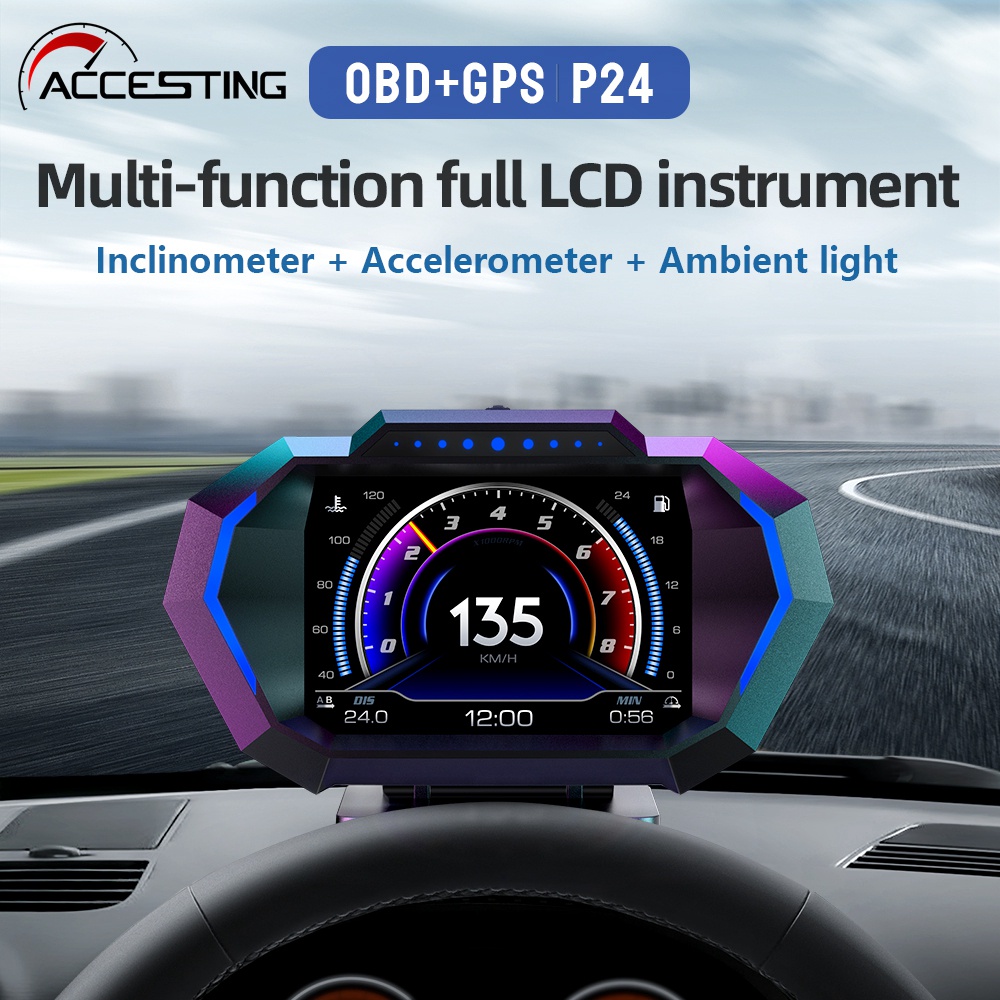 P24 GPS 汽車 OBD OBD2 儀表數字掃描儀報警速度計顯示 Hud 水溫 RPM 渦輪增壓