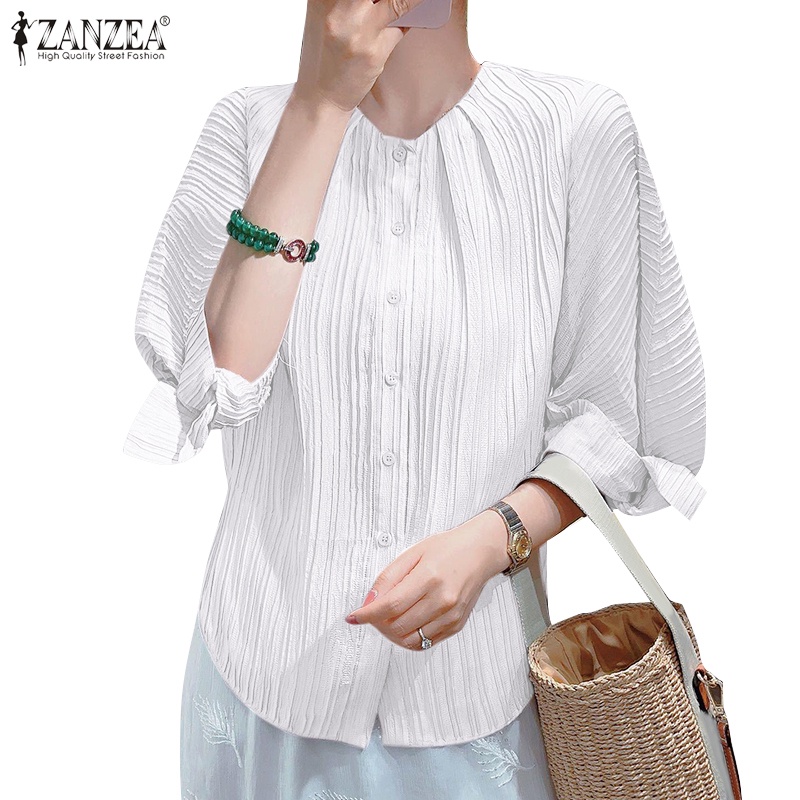 Zanzea 女式韓版褶襉領口圓領 3/4 袖鈕扣前襯衫