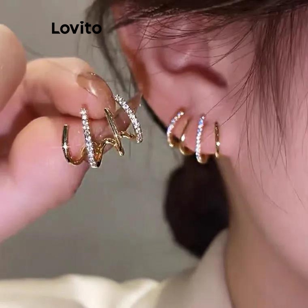Lovito 女士休閒素色水鑽耳環 LFA01134 (金色)