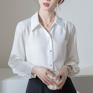 新款長袖韓版純色雪紡衫OL職業通勤時尚氣質純色上衣女