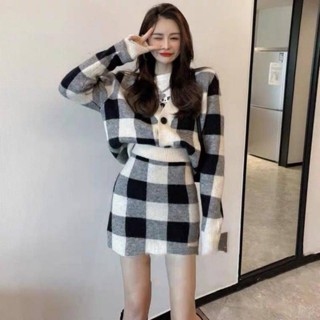🌟Lovely愛出貨🌟 2023年毛衣女秋冬新款V領格子針織衫開衫外套+彈力包臀半身裙套裝