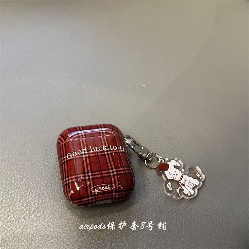 手機保護殼 卡通酒紅色格紋耶誕小狗 airpods pro耳機殼 適用蘋果2/3代保護套【現貨】