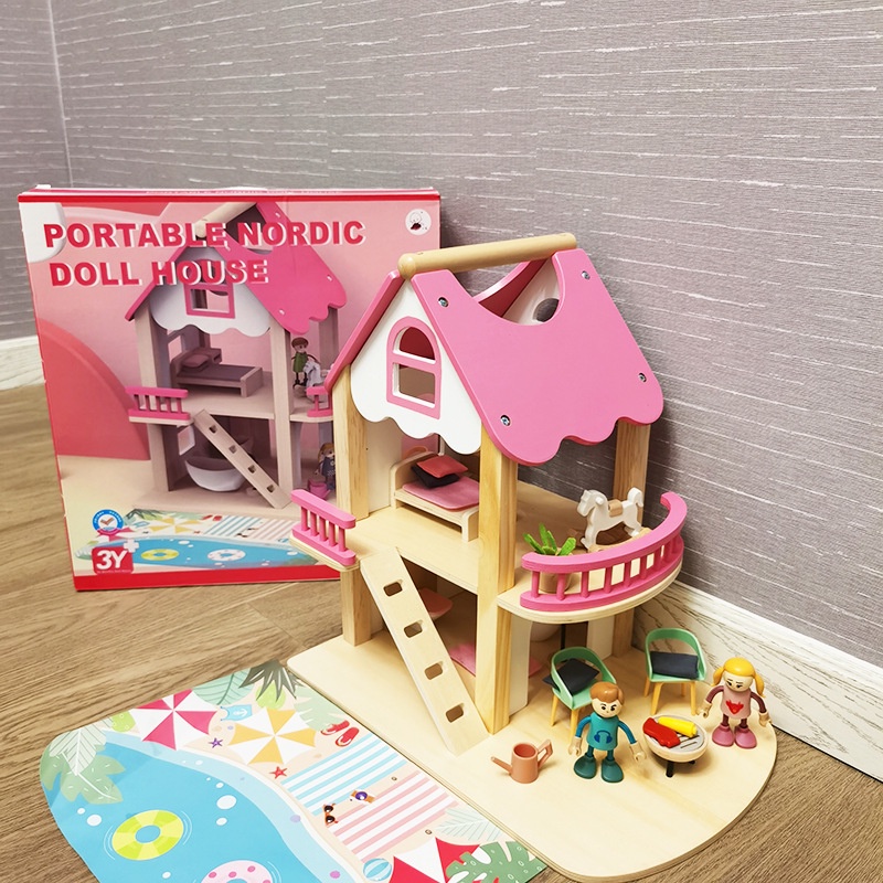 木製便攜式公主娃娃屋 寶寶過家家別墅 益智親子玩具 互動小房子玩具