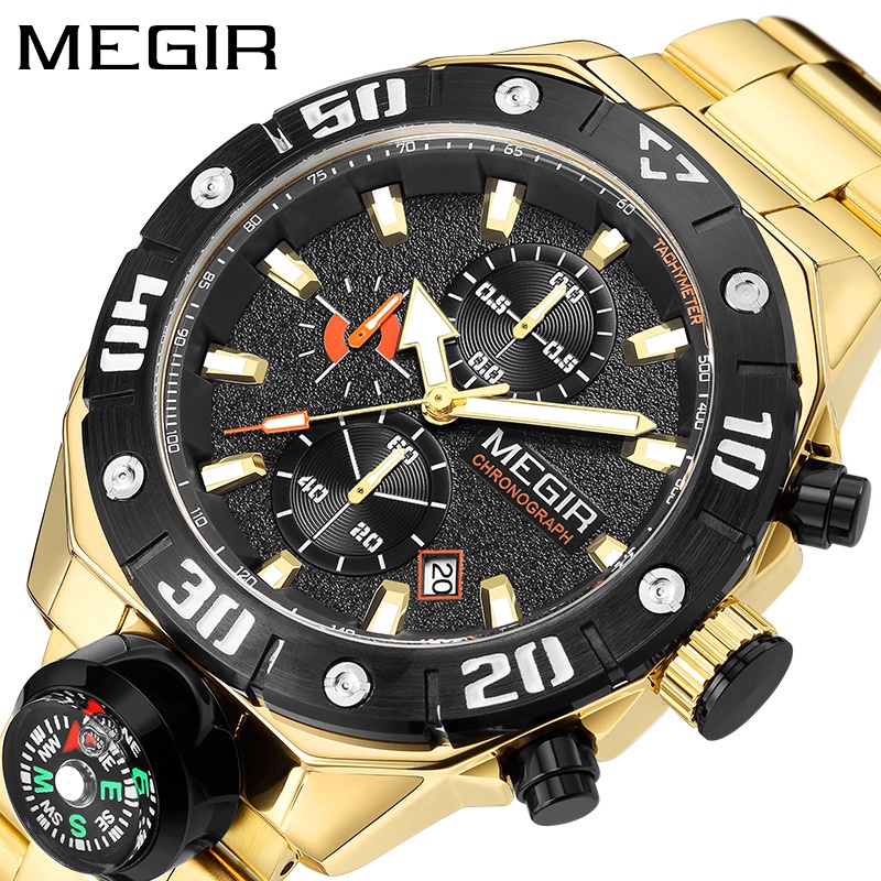 MEGIR新款防水男士手錶  時尚熱銷多功能計時指南針戶外運動男士石英手錶  2219G
